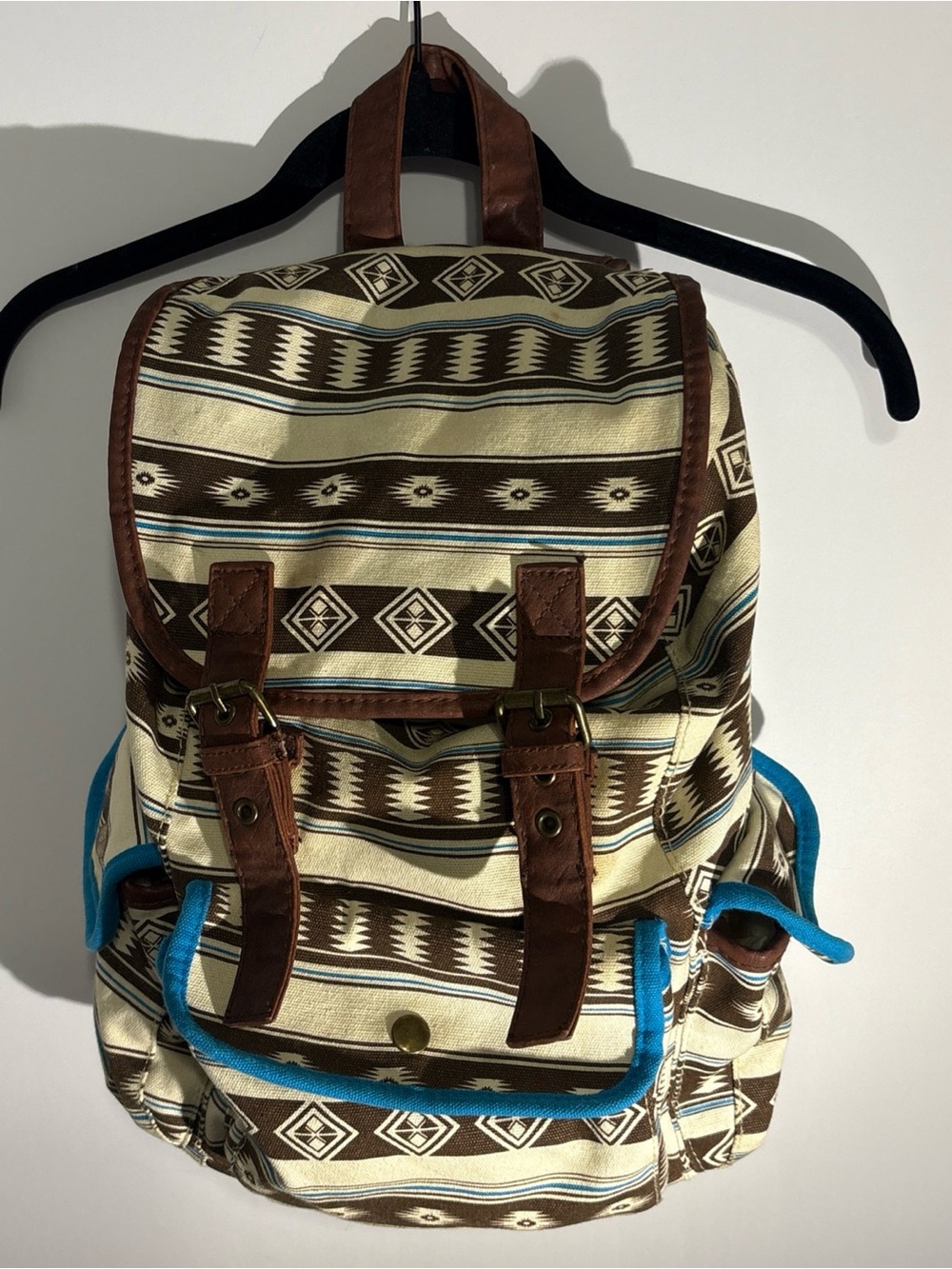 Mossimo Supply Co. Brown and Cream Patterned Canvas Backpack with Blue Trim